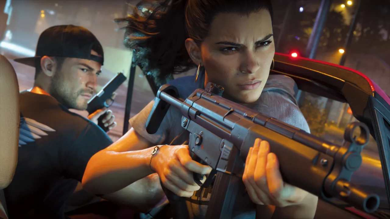 Lucia aiming a submachine gun from a car while Jason drives with a pistol