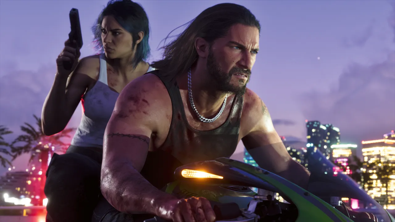 Two riders on a motorcycle at night, the passenger holding a pistol, with a lit city skyline behind them
