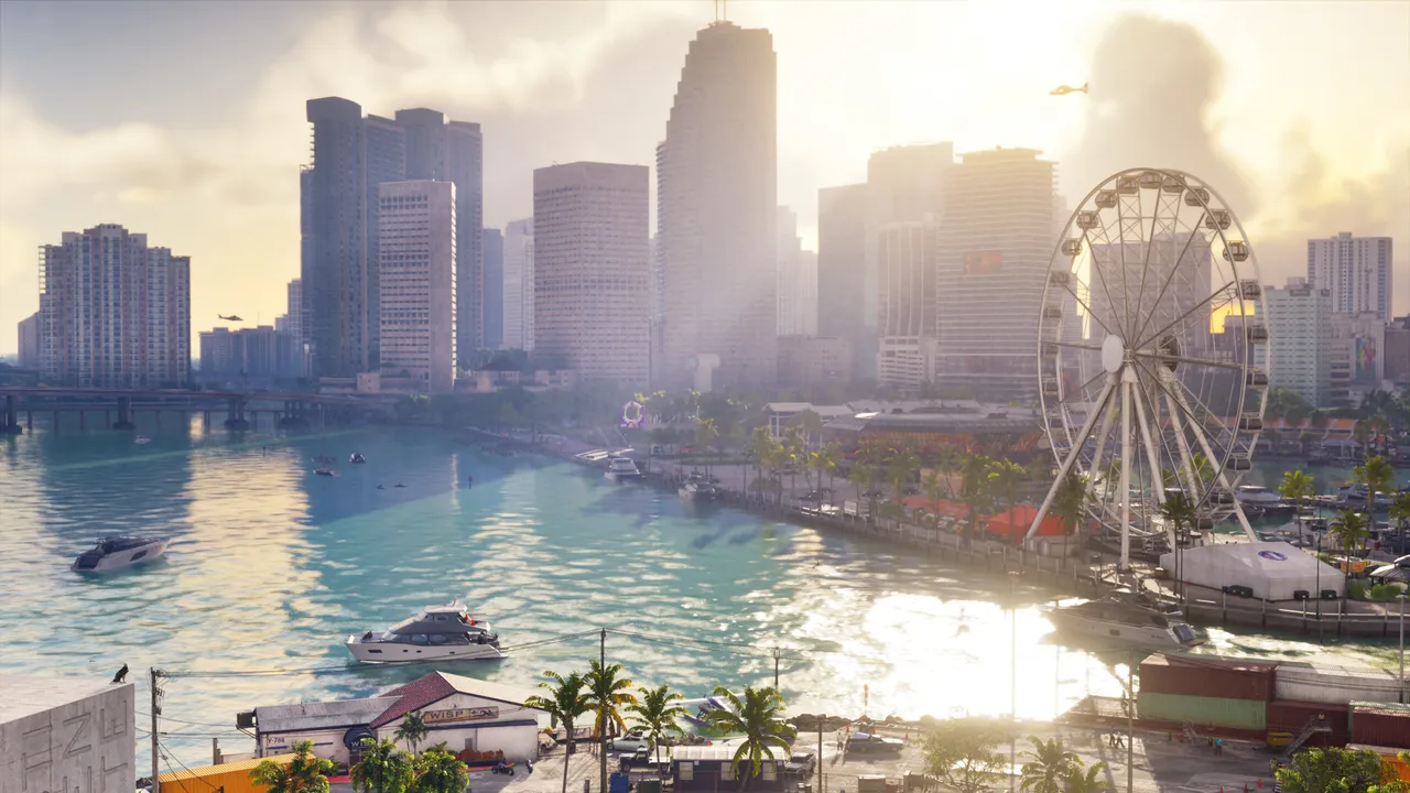 Vice City waterfront in daylight, with the skyline, a marina, and a Ferris wheel